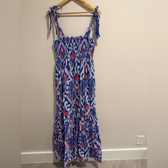 Crown & Ivy Tiered Maxi Dress Blue Pink Ikat Sz Medium Tie Strap Vacation Outift - Picture 2 of 11